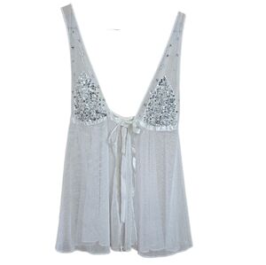 Fredericks of Hollywood White Sheer Babydoll Chemise Sequin Bust Tie Front Small